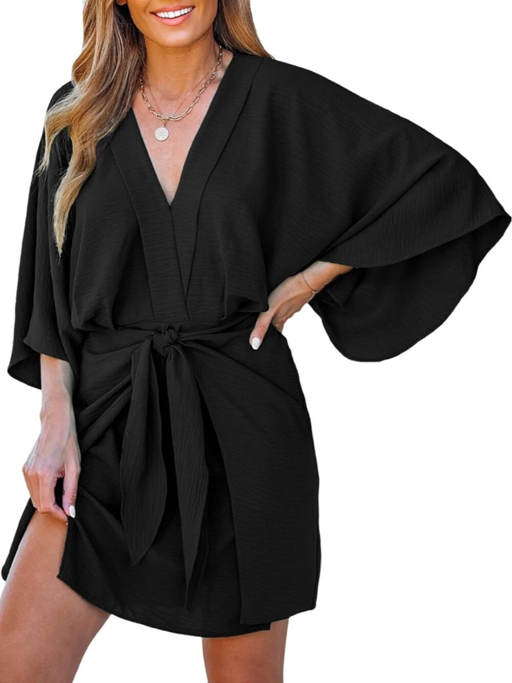 Women Summer Mini Dress V Neck Kimono Beachwear